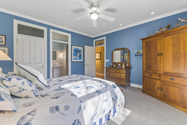 bedroom with connected bathroom, ceiling fan, crown molding, and light carpet