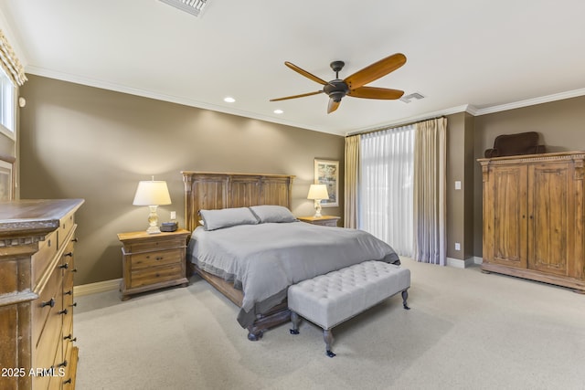 bedroom featuring ceiling fan, light colored carpet, and crown molding