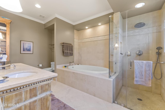 full bathroom featuring separate shower and tub, tile patterned floors, crown molding, toilet, and vanity