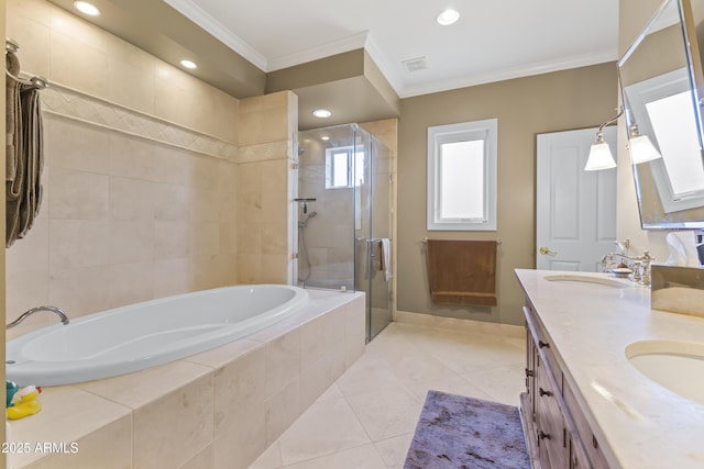 bathroom with tile patterned flooring, ornamental molding, vanity, and independent shower and bath