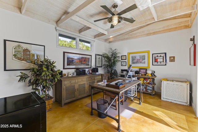 office with beamed ceiling, ceiling fan, and wooden ceiling