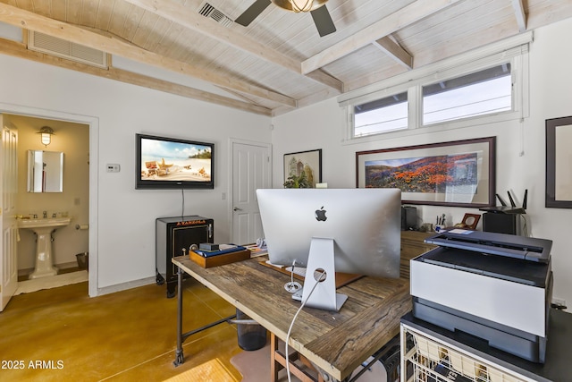 home office with ceiling fan, beam ceiling, wooden ceiling, and sink