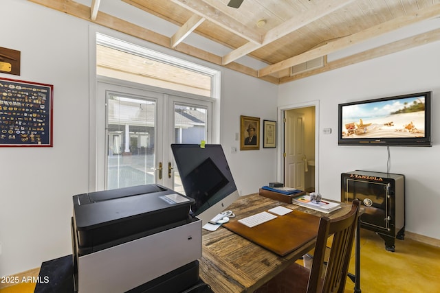 office area featuring french doors, beamed ceiling, and wooden ceiling