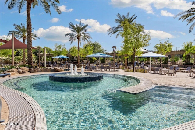 view of swimming pool with a patio area and pool water feature