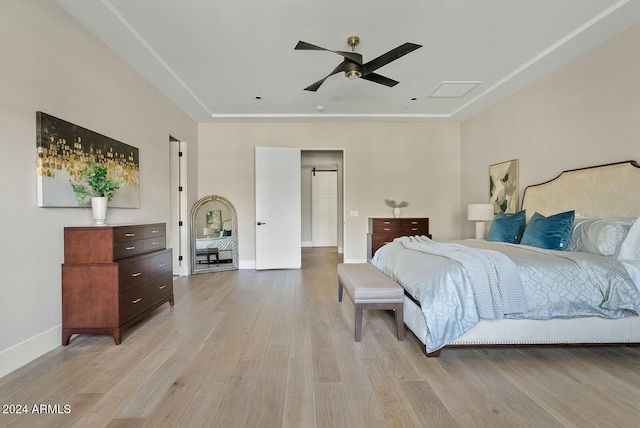 bedroom featuring ceiling fan and light wood-type flooring