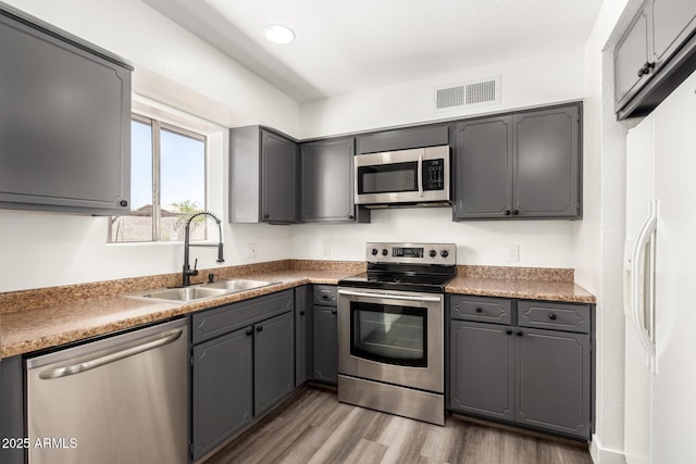 kitchen with visible vents, light wood-type flooring, a sink, gray cabinetry, and stainless steel appliances