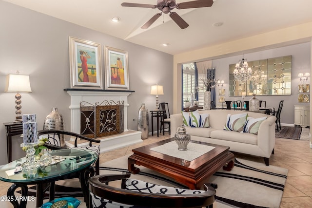 3166 N 158th Ave, Goodyear, AZ 85395 - living area with light tile patterned floors, a chandelier, ceiling fan, lofted ceiling, and a fireplace with raised hearth