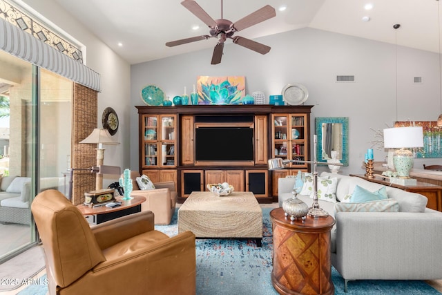 3166 N 158th Ave, Goodyear, AZ 85395 - living room featuring a ceiling fan, high vaulted ceiling, and recessed lighting
