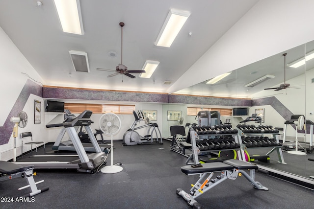 workout area with high vaulted ceiling and ceiling fan