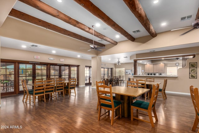 dining area featuring beamed ceiling, french doors, ceiling fan, and dark wood-type flooring