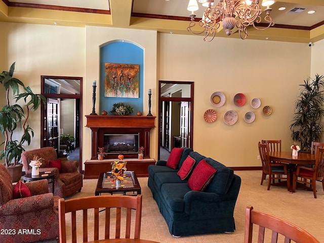 living room featuring coffered ceiling, a notable chandelier, and light colored carpet