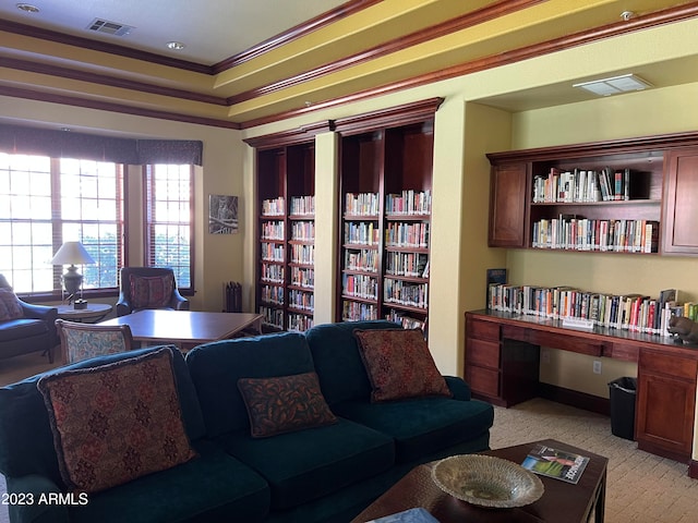 living room featuring light colored carpet