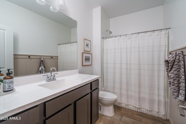 full bathroom featuring vanity, toilet, and wood finished floors