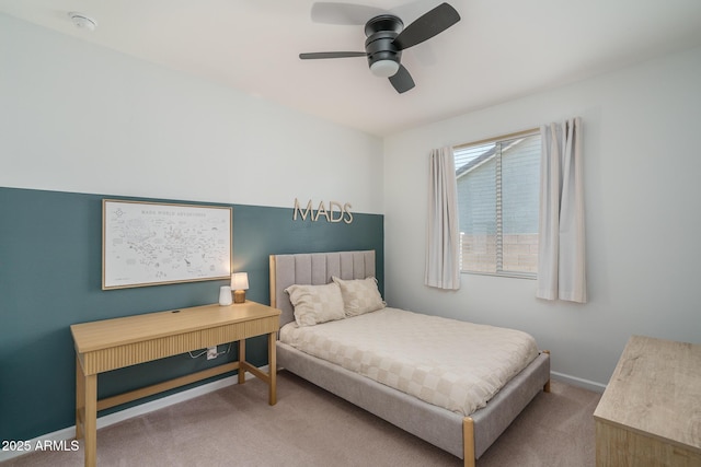 bedroom featuring carpet, baseboards, and ceiling fan