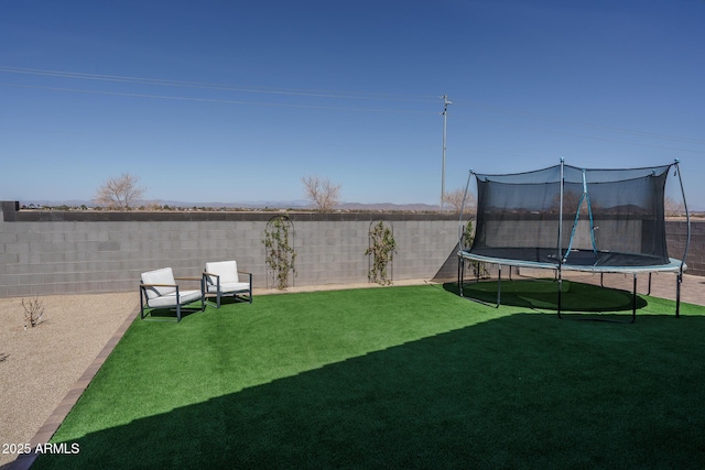 view of yard featuring a trampoline and a fenced backyard