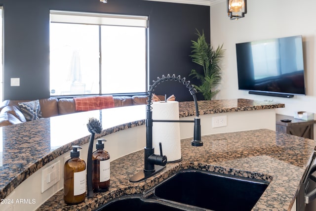 details with ornamental molding, sink, and dark stone countertops