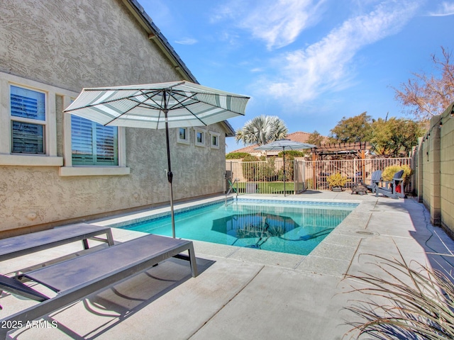 view of pool with a diving board and a patio area