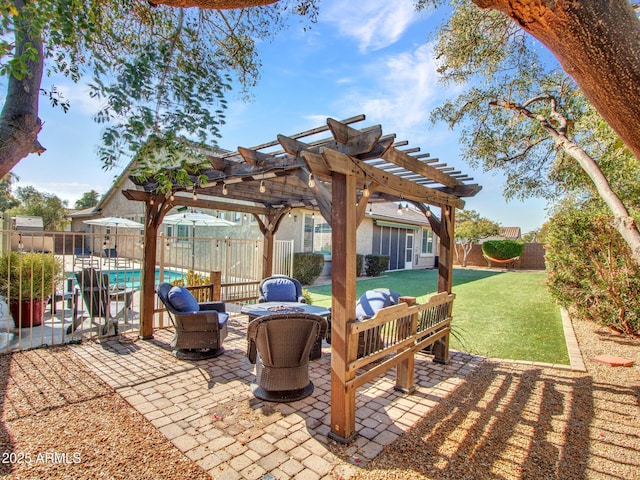 view of patio with a fenced in pool, an outdoor living space, and a pergola