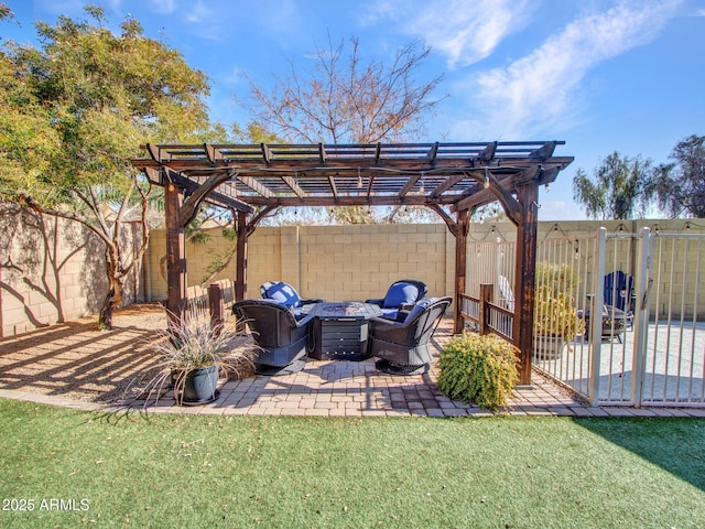 view of yard with a patio, a pergola, and a fire pit