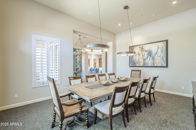 8248 E Arroyo Hondo Rd, Scottsdale, AZ 85266 - dining area featuring baseboards, recessed lighting, carpet floors, and a chandelier