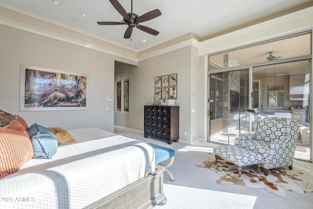 8248 E Arroyo Hondo Rd, Scottsdale, AZ 85266 - bedroom with carpet, baseboards, access to exterior, recessed lighting, and ceiling fan