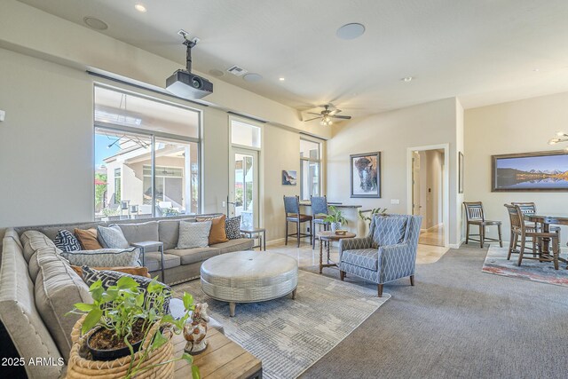 8248 E Arroyo Hondo Rd, Scottsdale, AZ 85266 - living area with recessed lighting, light carpet, a ceiling fan, and baseboards