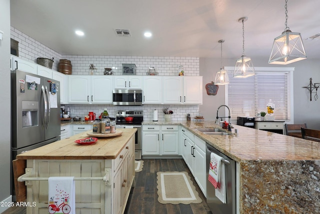 kitchen featuring stainless steel appliances, a sink, visible vents, tasteful backsplash, and dark wood finished floors