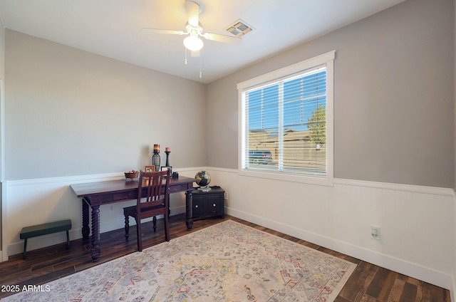 office with a wainscoted wall, visible vents, hardwood / wood-style flooring, and a ceiling fan