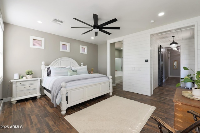 bedroom with ceiling fan, dark wood-type flooring, visible vents, and recessed lighting