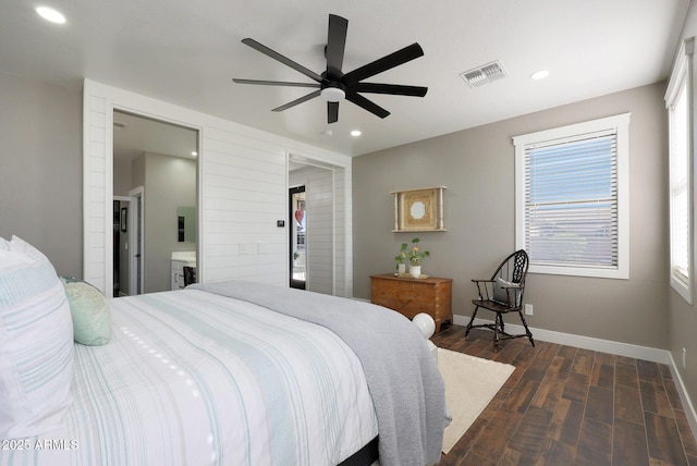 bedroom with ceiling fan, recessed lighting, dark wood-style flooring, visible vents, and baseboards