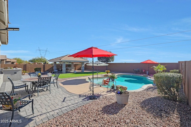 view of pool featuring a gazebo, a patio area, and a fenced backyard