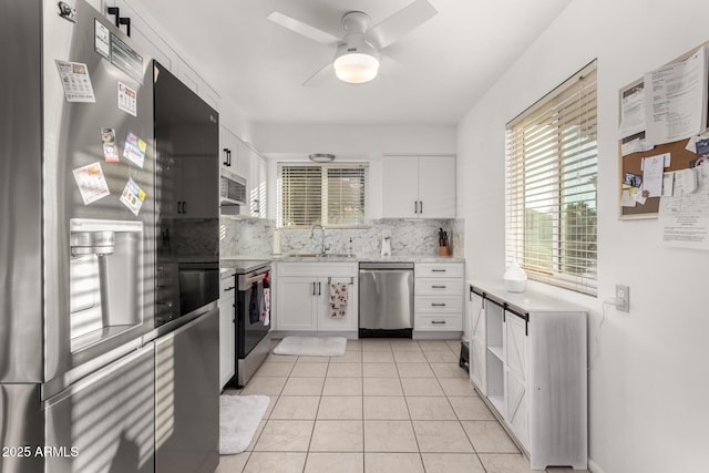 kitchen with decorative backsplash, sink, white cabinetry, and stainless steel appliances