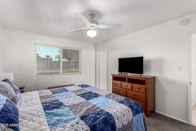 bedroom with ceiling fan and carpet