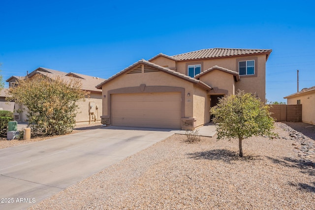 5305 E Silverbell Rd, San Tan Valley, AZ 85143 - view of front of property with stucco siding, a tile roof, a garage, and concrete driveway