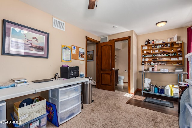 office area featuring ceiling fan and carpet