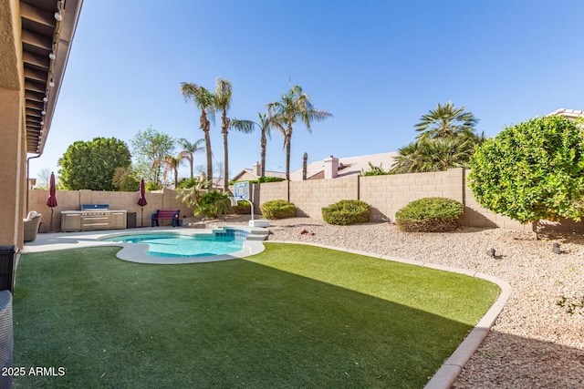 view of yard featuring a patio area, a fenced backyard, and a fenced in pool