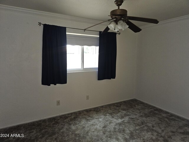 spare room with ceiling fan, ornamental molding, and carpet floors