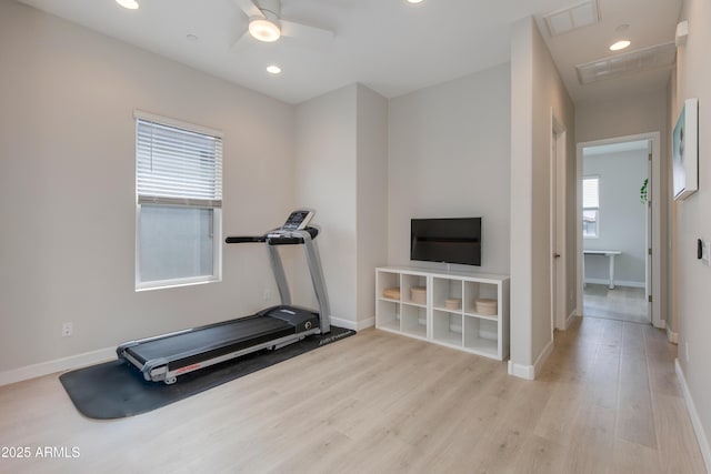 3045 N 37th Way, Phoenix, AZ 85018 - workout room with wood finished floors, visible vents, baseboards, and ceiling fan