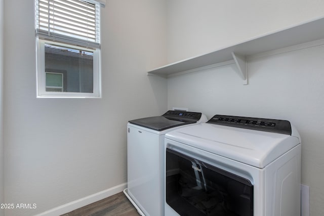 3045 N 37th Way, Phoenix, AZ 85018 - laundry area featuring separate washer and dryer, dark wood-type flooring, baseboards, and laundry area