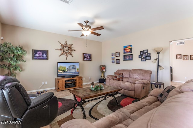 living room featuring ceiling fan