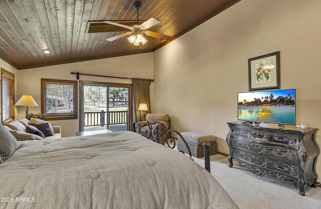 carpeted bedroom with a ceiling fan, vaulted ceiling, access to exterior, and wood ceiling