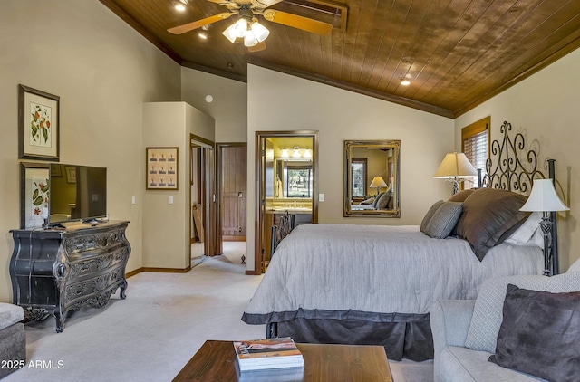 bedroom with wood ceiling, ensuite bathroom, light carpet, and baseboards