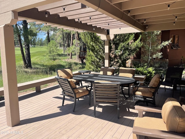 wooden terrace with a pergola, view of golf course, and outdoor dining space