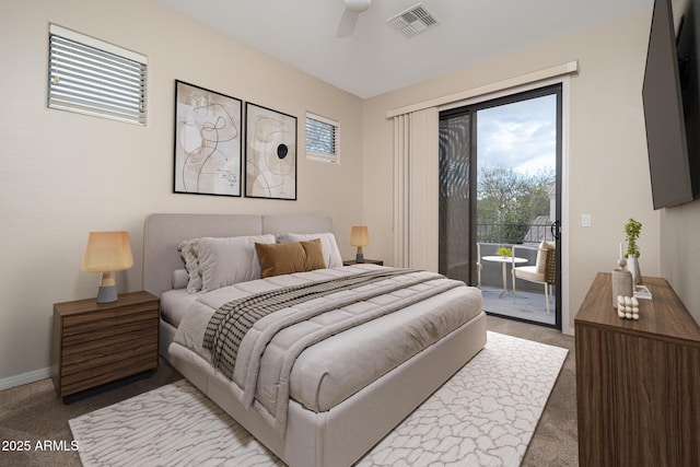 bedroom with light colored carpet, visible vents, ceiling fan, access to outside, and baseboards