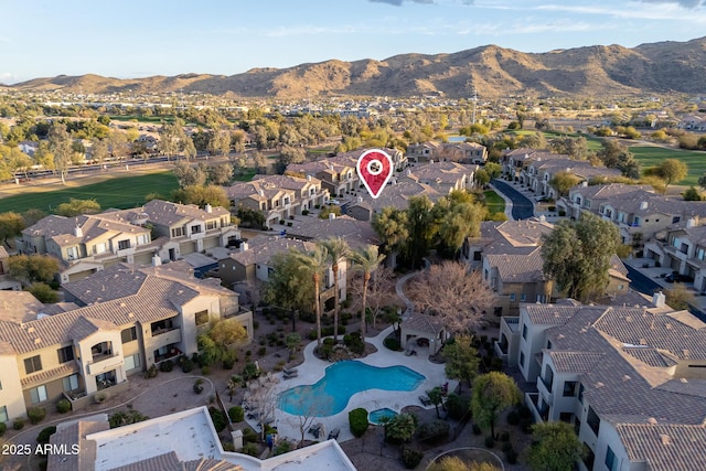 bird's eye view with a residential view and a mountain view