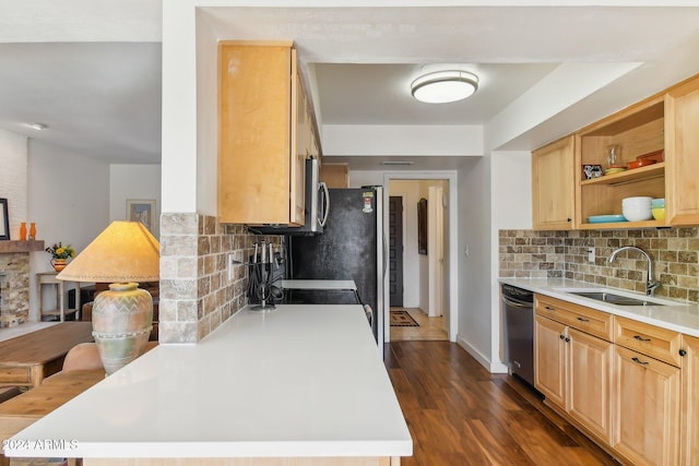 kitchen with dishwasher, sink, backsplash, dark hardwood / wood-style flooring, and light brown cabinets