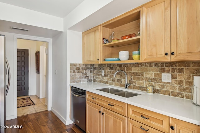 kitchen with tasteful backsplash, sink, light brown cabinets, and dishwashing machine