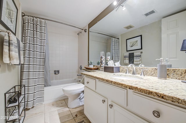 full bathroom featuring vanity, toilet, visible vents, and shower / tub combo