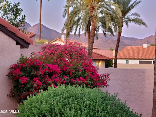 view of yard featuring fence and a mountain view