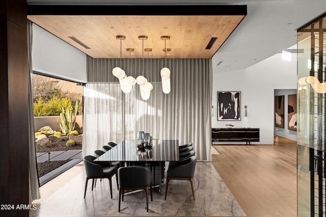 dining room with light hardwood / wood-style flooring and wood ceiling